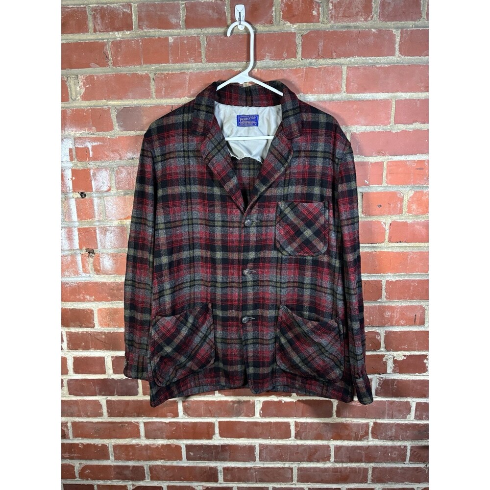 Vintage 60s Pendleton Checkered Red Black Wool Tailored Light Jacket Size Medium
